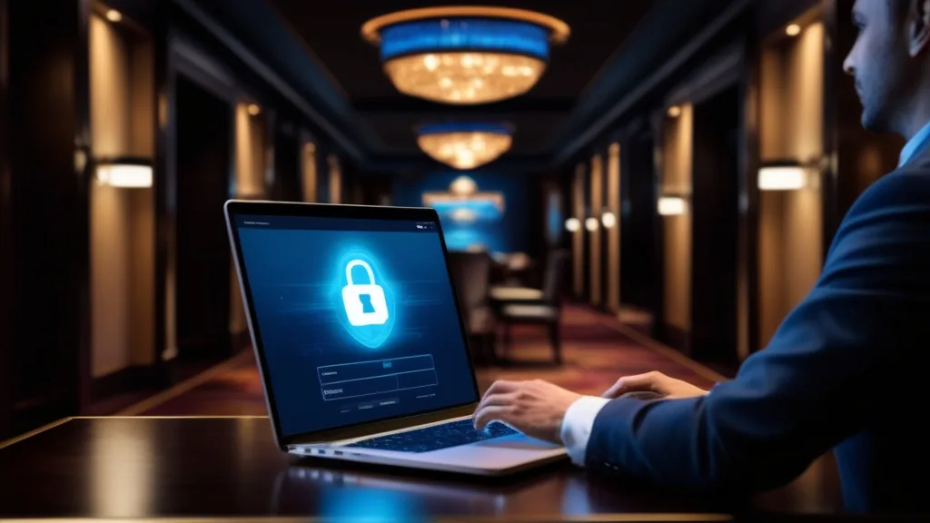 Player checking a secure casino login screen in a dark hallway