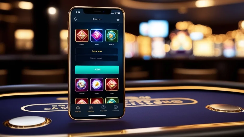 A smartphone showing a mobile casino app interface in a dark casino setting