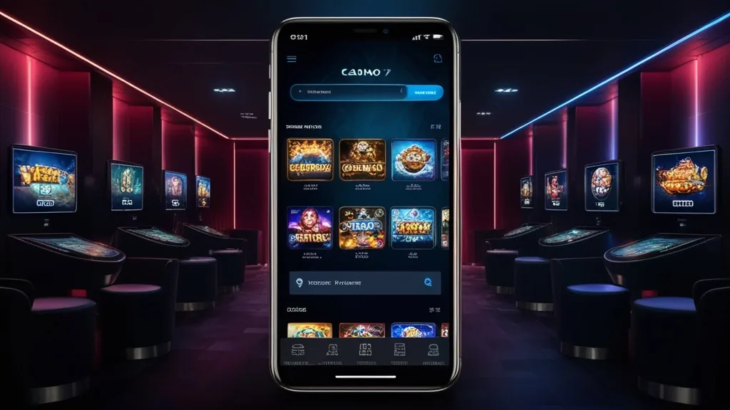 A mobile casino lobby with game tiles and quick-access icons on a phone