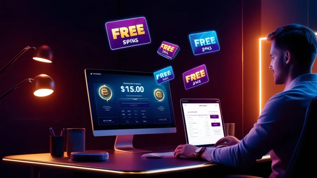 Dark casino screen showing free spins and no deposit bonus icons