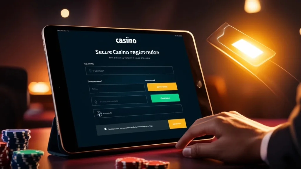 Secure casino registration form displayed on a tablet in a dark setting