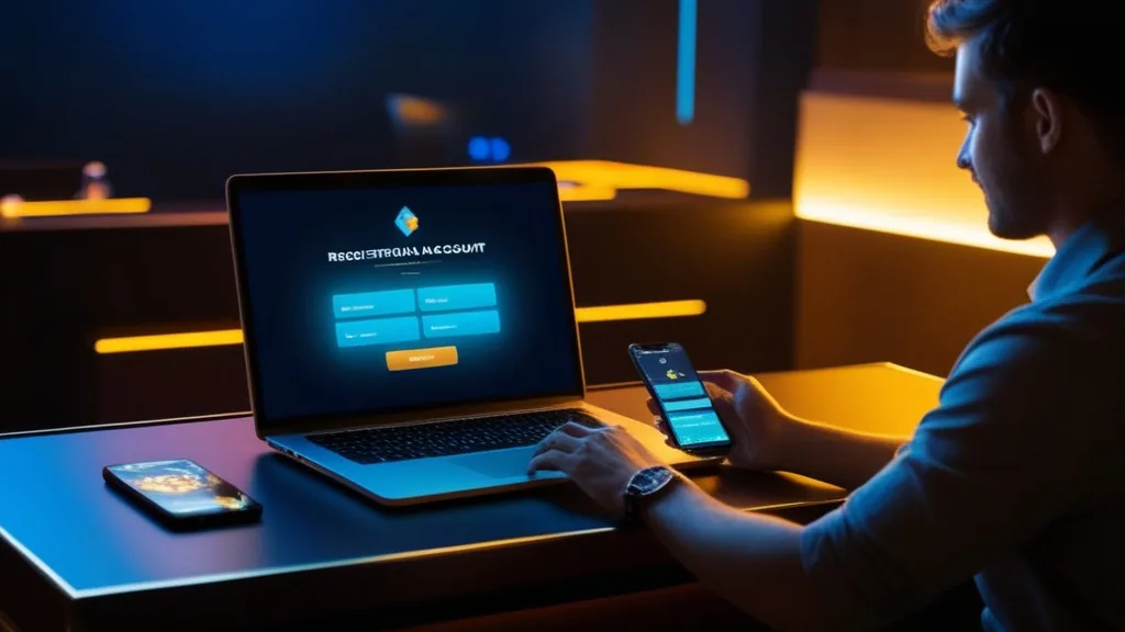 Player filling out a new casino account registration form on laptop and phone