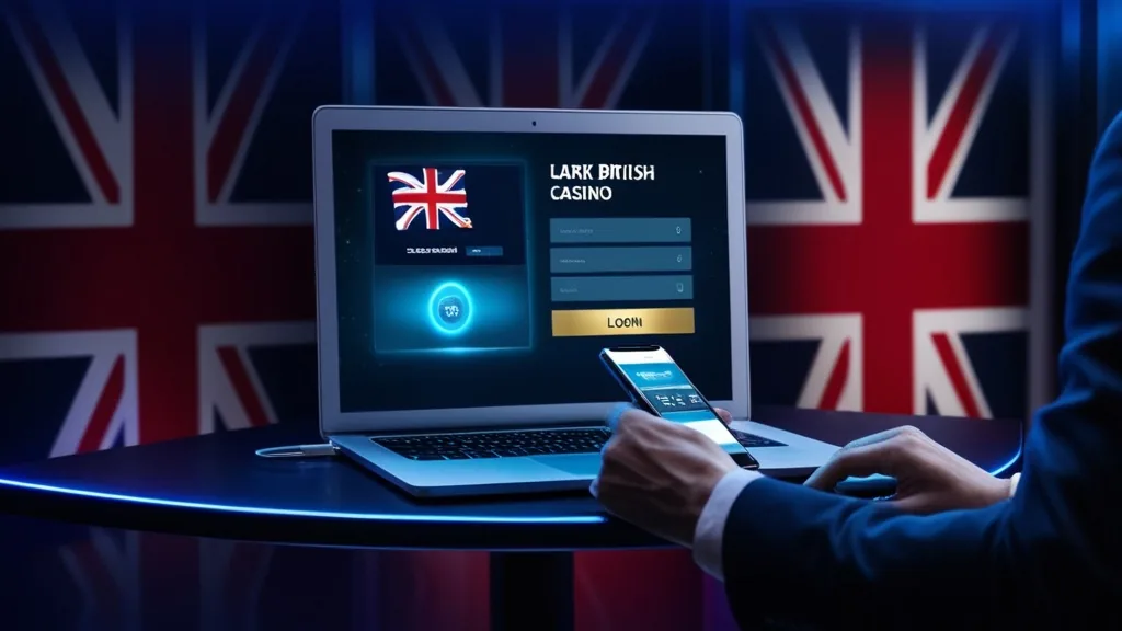 British player viewing a glowing casino login portal on laptop and phone