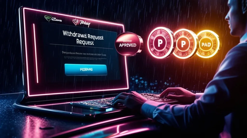 Dark casino dashboard showing withdrawal status stages from pending to paid